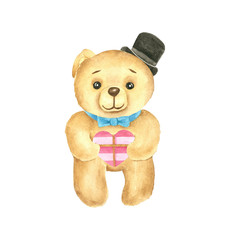 Watercolor hand-painted Teddy bear with heart shaped present illustration. Cartoon character on isolated white background.