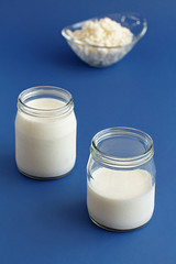 Fermented drink kefir in small bottles and kefir grains