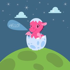 Cute newborn dinosaur baby cartoon vector illustration. Hello little dragon. Dino characters for baby shower or mother s day. Parents and children relations, happy newborn dinosaur card or banner.