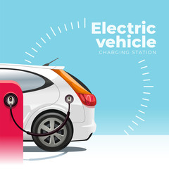 Eco-friendly electric car is connected by cable and is charged at the charging station. Side view of the rear of the car.