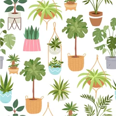 Wall murals Plants in pots Home green potted plants vector seamless pattern. Pots with tropical cactuses, succulents and trees. Cartoon illustration of home plants isolated on white for textile, wrapping decoration.