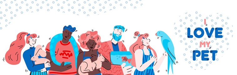 Pets owners showing love to domestic animals - cartoon vector illustration.