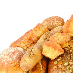 Collection breads and buns isolated on a white background. Free space for text.