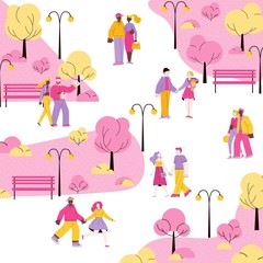 Romantic city park with cartoon couples walking together