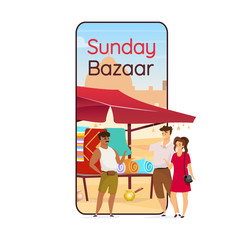Sunday bazaar cartoon smartphone vector app screen. Arabic souk. Egyptian souvenirs for tourist. Mobile phone display with flat character design mockup. Flea market application telephone interface
