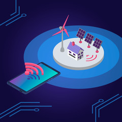 Renewable energy isometric color vector illustration. Eco friendly electricity source wireless remote control. Smart home solar panel and windmill 3d concept isolated on blue background