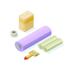 Vector isometric items for flat repair, wallpapers, brush, glue 