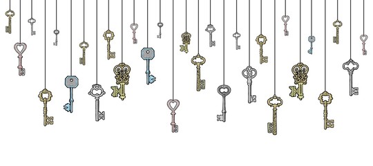 Collection of vintage keys in sketch style hanging vector banner illustration. Keys to lock and unlock any problem concept. Retro style keys isolated on white for poster or banner.