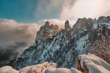 view from the cliff to the dark side of the mountain with pine trees in the clouds in Sunny weather