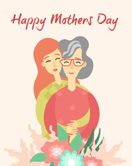Happy Mothers Day. Vector illustration with mother and daughter. Design element for card, banner.