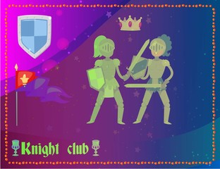 Cartoon knights in full armor fighting club, flag, crown and emblem in background, vector illustration. Knights club branding elements in english traditions for men.