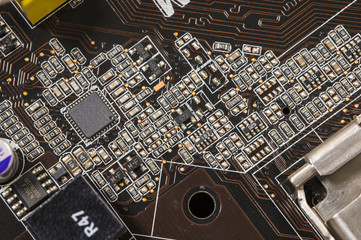 Processor on computer motherboard in macro detail.