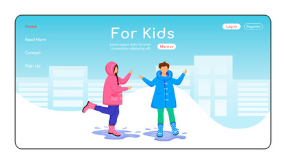 For kids landing page flat color vector template. Children in raincoats homepage layout. Rainy day one page website interface, cartoon characters. Staying caucasian kids in puddles web banner, webpage