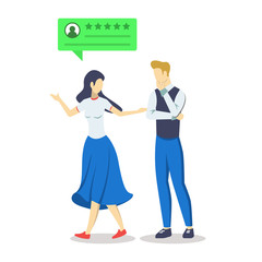 Couple with positive review bubble semi flat RGB color vector illustration. User experience. Consumer feedback. Client satisfaction. Quality evaluation. Rating. Isolated cartoon character on white