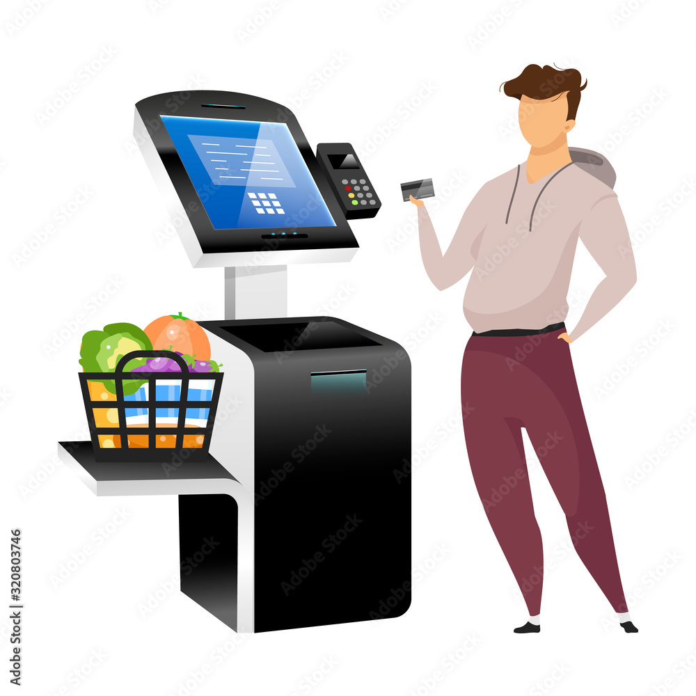 Poster man with store terminal flat color vector faceless character. contactless payment machine isolated c