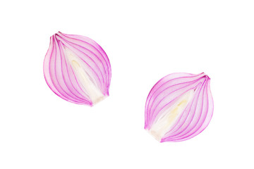 Red onion cut in two, isolated on a white background. Fresh vegetables.