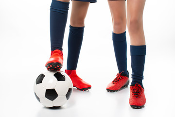 two women posing soccer players isolated on white background
