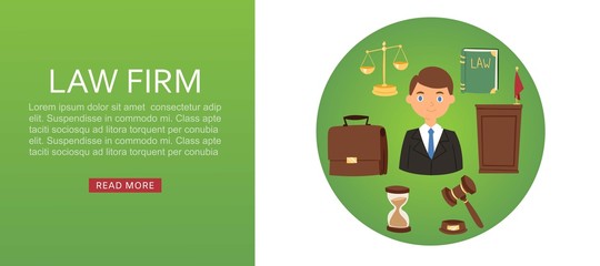 Lawyer, legal advisor law firm vector web banner illustration of cartoon male attorney with hummer, law book and scales, justice symbols. Advocate having court defense idea. Law company.