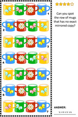Spatial reasoning skills and IQ training visual puzzle with colorful mugs: Can you spot the row of mugs that has no exact mirrored copy? Answer included.