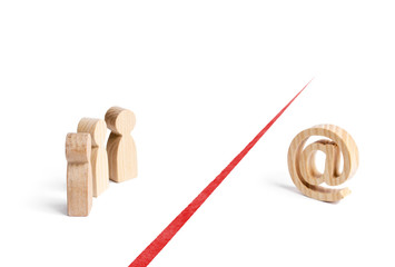 People and internet email symbol are separated by red line. Restriction of access to network and...