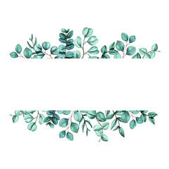 Watercolor hand painted vector card with green eucalyptus leaves banner. Healing Herbs for cards, wedding invitation, posters, save the date or greeting design isolated on white.