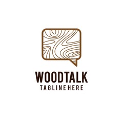 wood talk logo design. abstract wood lines and bubble chat vector illustration for wood work reality show, You tube video channel graphic template
