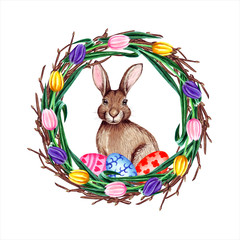 Watercolor spring vector easter wreath with eggs, rabbit, flowers and branches. Isolated on white background.	