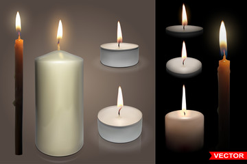 Realistic big and thin colorful paraffin or wax aromatic decorative round cylindrical shiny tealight candles with fire flame. On black background. Vector icons set.