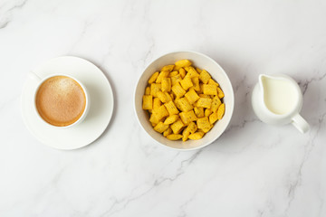 Obraz na płótnie Canvas cereal, cup of black coffee and milk
