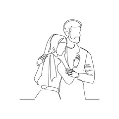 Continuous line drawing of romantic muslim couple in islamic clothes and hijab scarf. Ramadan kareem and ied mubarak greeting card line concept. Vector illustration.