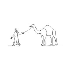 Continuous line drawing of arab man riding and walking with a camel. Ramadan kareem and ied mubarak greeting card line concept. Vector illustration.