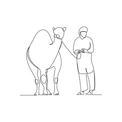 Continuous line drawing of arab man riding and walking with a camel. Ramadan kareem and ied mubarak greeting card line concept. Vector illustration.