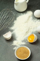 baking ingredients: sugar, milk, eggs and flour
