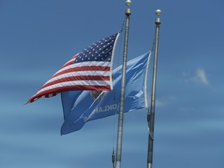 Flags of the United States of America and Oklahoma State, flying in the wind