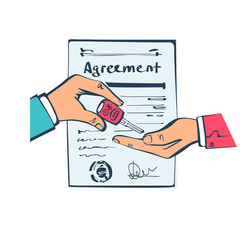 Car sale. Hand buyer and seller handing the keys to car on background document the contract form. Purchasesale. Vector illustration sketch design.