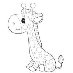 cute giraffe character sitting on grass, toy, sadness, outline drawing,
