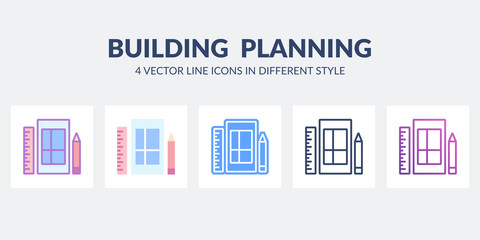 Building planning icon in flat, line, glyph, gradient and combined styles.