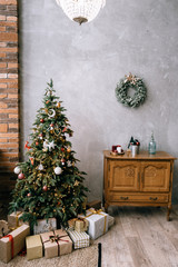 Decorated Christmas room with beautiful fir tree