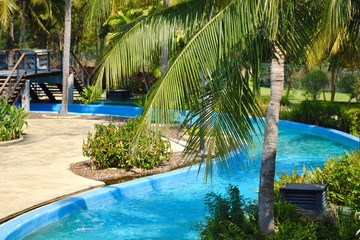 Fototapeta na wymiar Water place in Park. Water Park in jungle. Park of sea. Place under palm trees. Luxury camping in tropics. seaside resort.