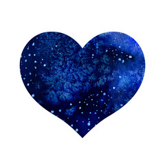 Watercolor heart with dark blue cosmic sky on white background. Hand drawn illustration. Perfect for Valentines day holiday card, fabric print. Love theme art.