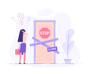 Preoccupied business woman is standing near the closed door and scratching his head. Metaphor of issues and questions. Modern vector illustration.