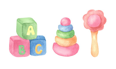 A set of baby toys , isolated object on the white background. Watercolor hand drawn illustration.