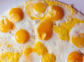 fried eggs of quail eggs in the shape of a circle on a white background. close up copy space