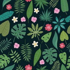Seamless palm leaves and flowers exotic vector pattern. Tropical monstera leaves on black background. Cartoon jungles floral backdrop for wrapping or textile, paper print.