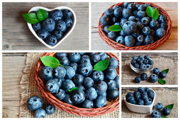Collage of blueberry. Fresh ripe organic blueberries.Healthy eating,vegan food or diet concept.Selective focus.