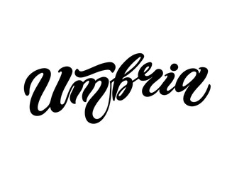 Umbria. The name of the Italian region. Hand drawn lettering. Vector illustration. Best for souvenir products.