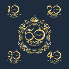 Set of golden number anniversary with striped frame, 10, 20, 30, 40, 50 signs