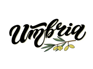 Umbria. The name of the Italian region. Hand drawn lettering. Vector illustration. Best for souvenir products.