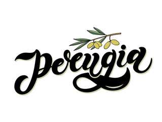 Perugia. The name of the Italian city in the region of Umbria. Hand drawn lettering. Vector illustration. Best for souvenir products.