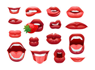 Red lips female, sexy woman's lips with differents emotions